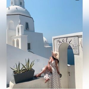 H&M White Striped Wrap Maxi Dress with Tan and Black Accents